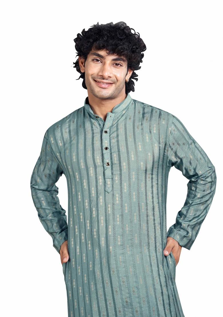 Blue Jacquard Viscose Kurta For Men