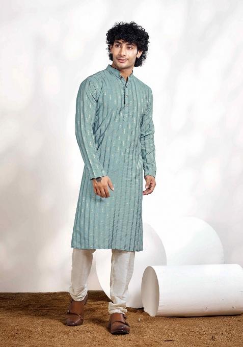 Blue Jacquard Viscose Kurta For Men