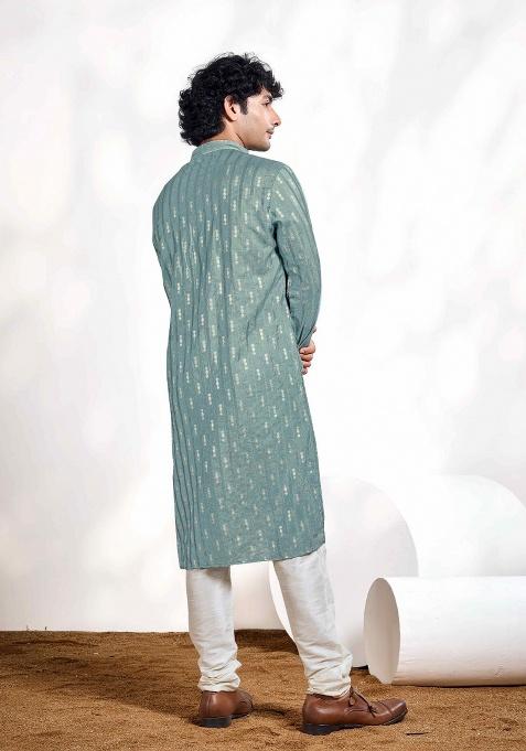 Blue Jacquard Viscose Kurta For Men