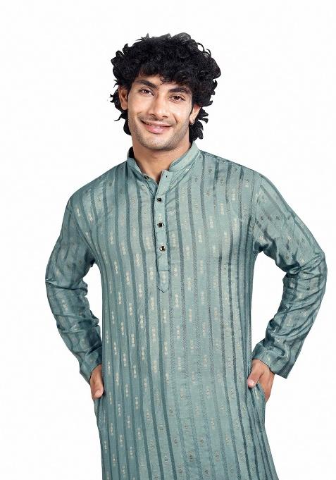 Blue Jacquard Viscose Kurta For Men