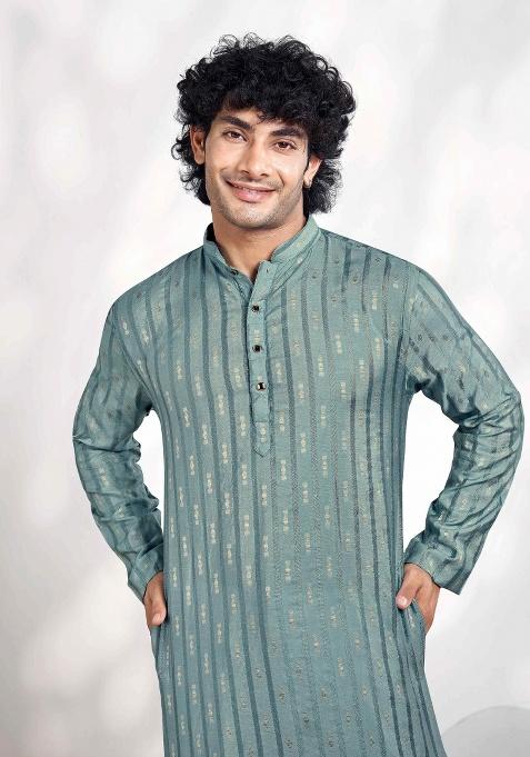 Blue Jacquard Viscose Kurta For Men