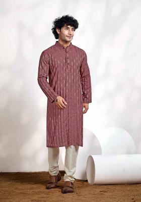 Pink Jacquard Viscose Kurta For Men
