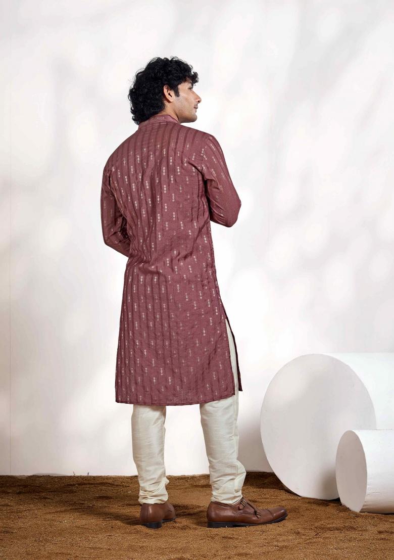 Pink Jacquard Viscose Kurta For Men