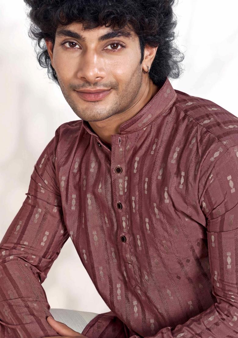 Pink Jacquard Viscose Kurta For Men