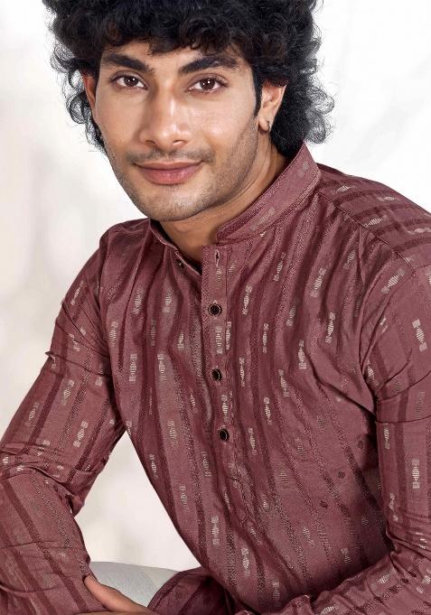 Pink Jacquard Viscose Kurta For Men