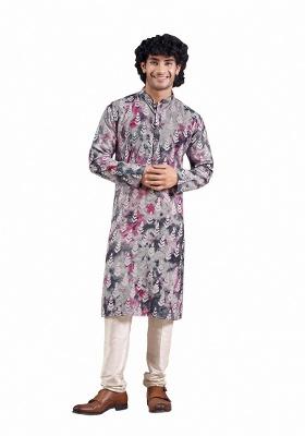 Blue Printed Viscose Kurta For Men