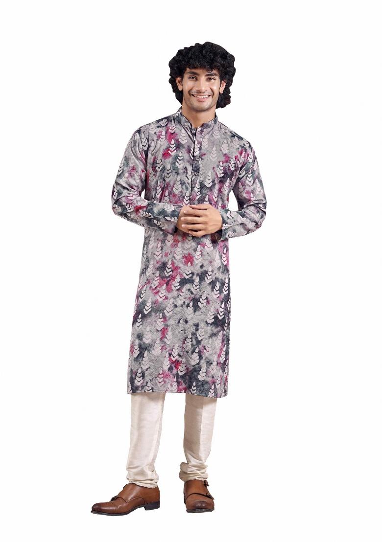 Blue Printed Viscose Kurta For Men