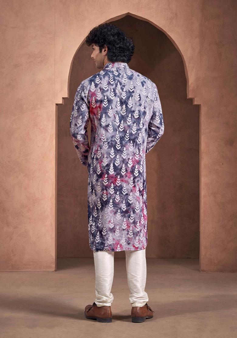 Blue Printed Viscose Kurta For Men