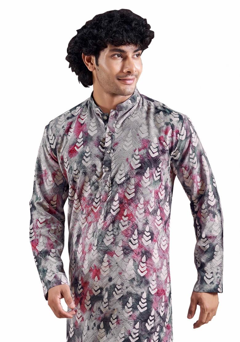 Blue Printed Viscose Kurta For Men