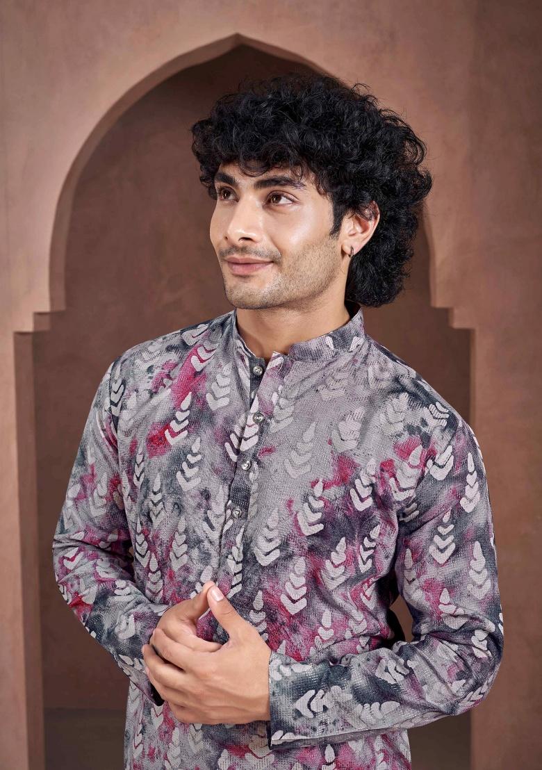 Blue Printed Viscose Kurta For Men
