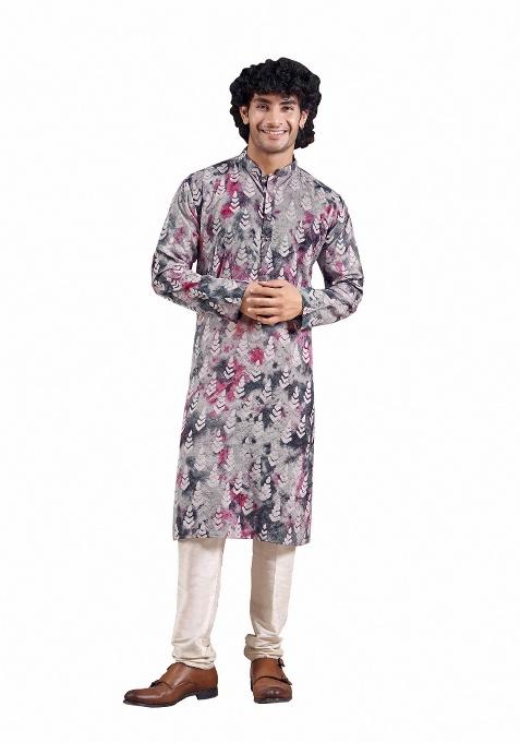 Blue Printed Viscose Kurta For Men