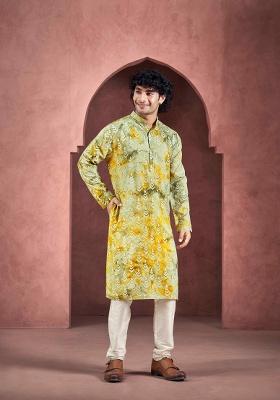 Olive White Printed Viscose Kurta For Men