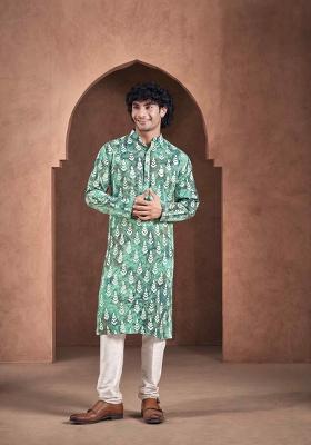 Teal White Printed Viscose Kurta For Men