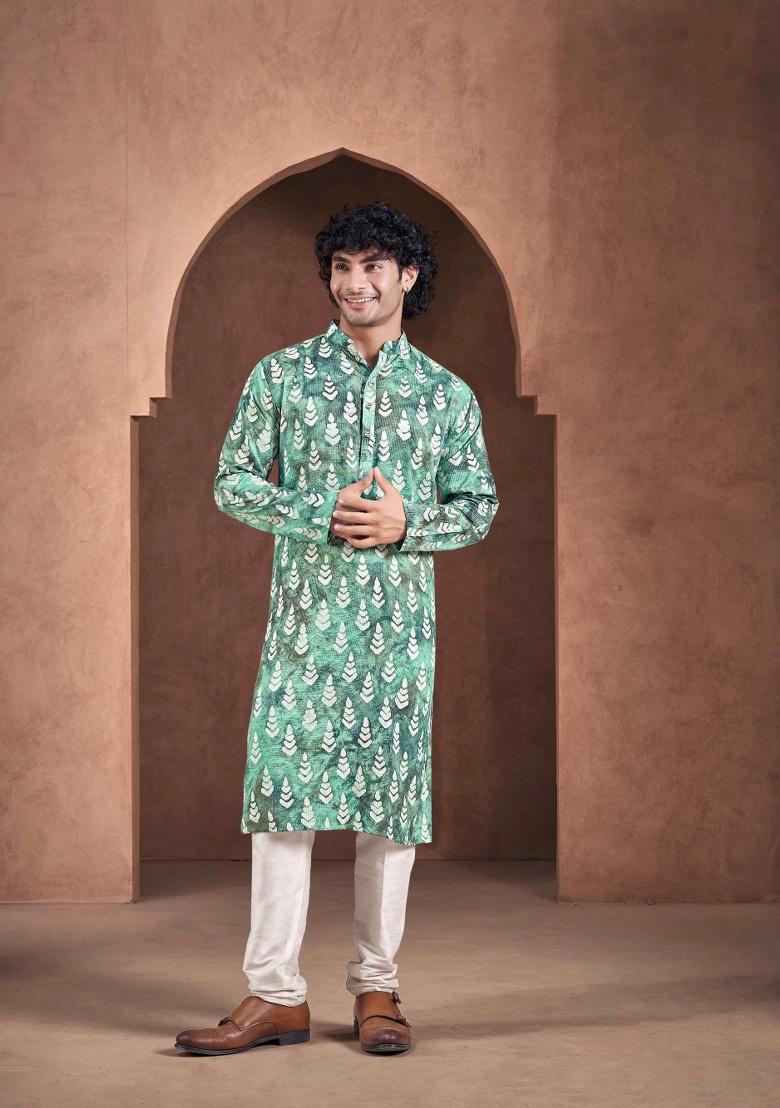 Teal White Printed Viscose Kurta For Men