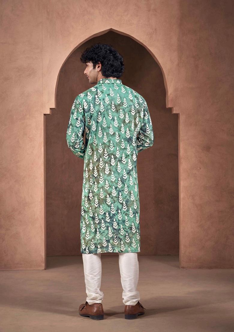 Teal White Printed Viscose Kurta For Men
