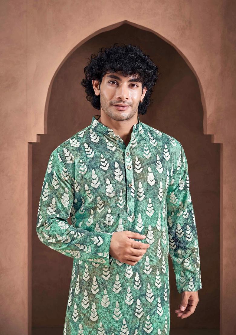 Teal White Printed Viscose Kurta For Men