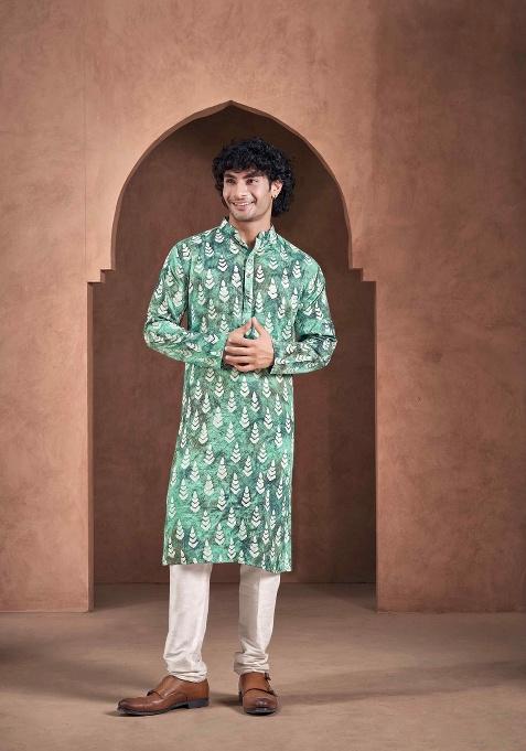 Teal White Printed Viscose Kurta For Men