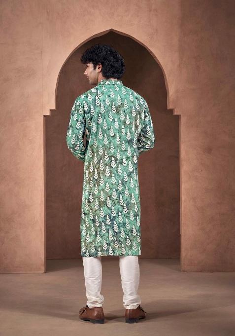Teal White Printed Viscose Kurta For Men