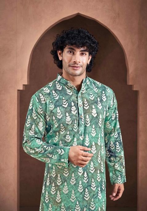Teal White Printed Viscose Kurta For Men