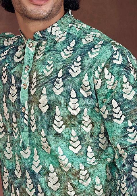 Teal White Printed Viscose Kurta For Men