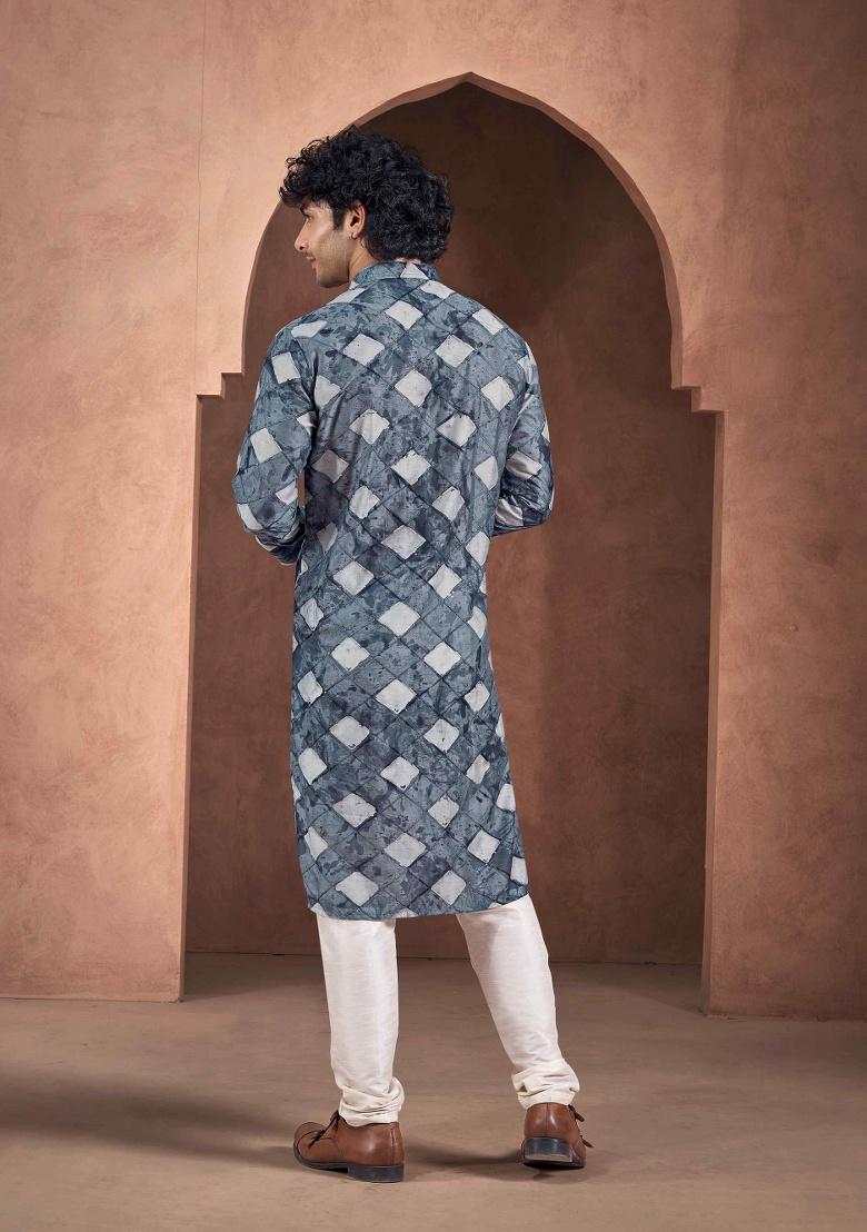 Blue Sequence Embroidered Viscose Kurta For Men