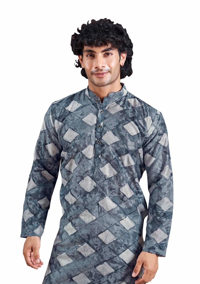 Blue Sequence Embroidered Viscose Kurta For Men