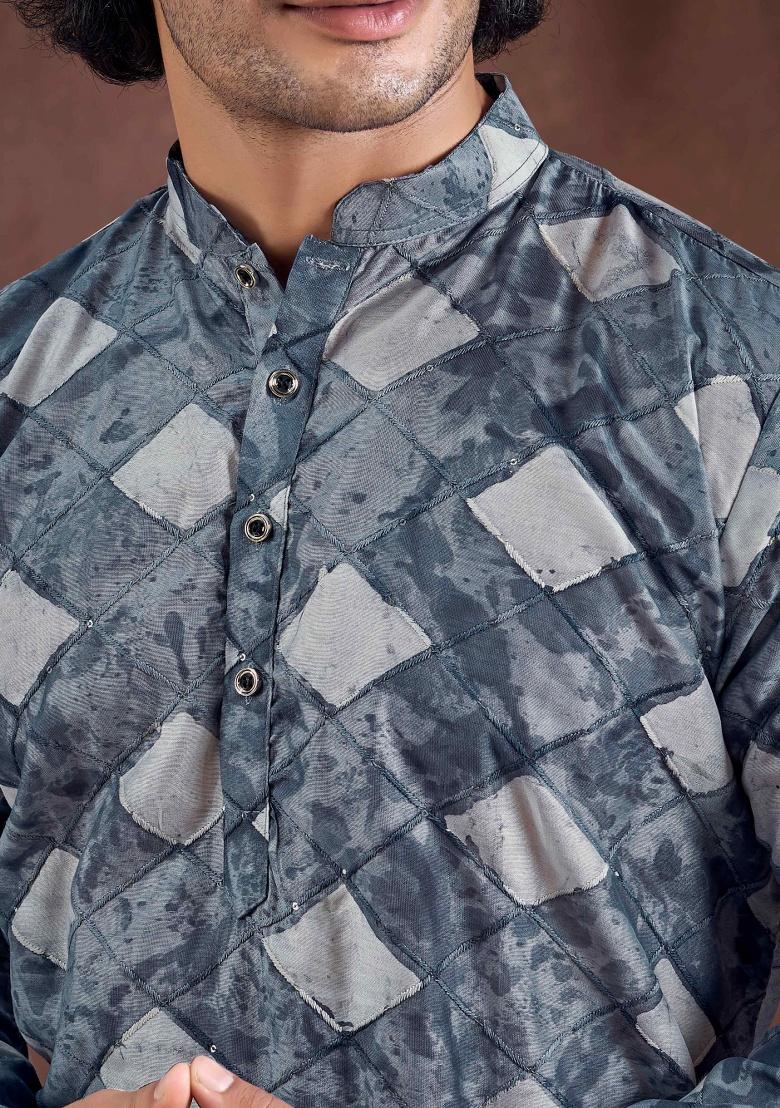 Blue Sequence Embroidered Viscose Kurta For Men