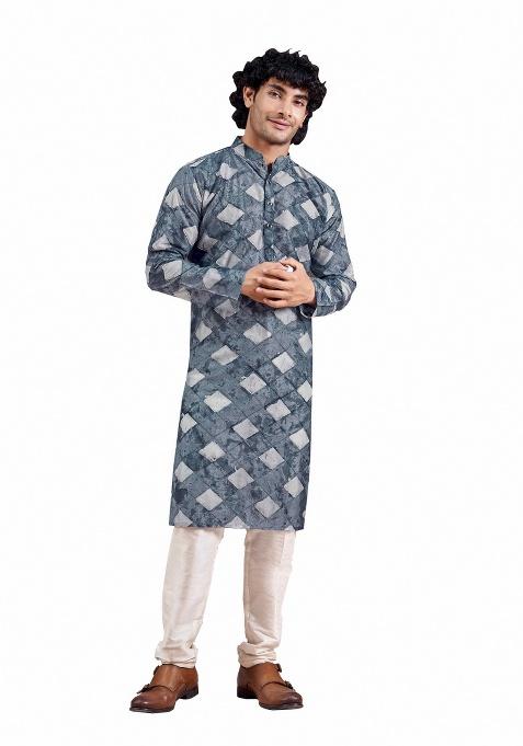 Blue Sequence Embroidered Viscose Kurta For Men