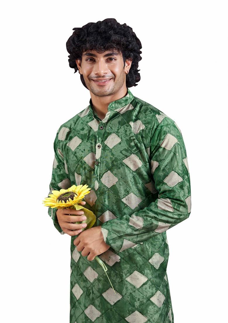 Green Sequence Embroidered Viscose Kurta For Men