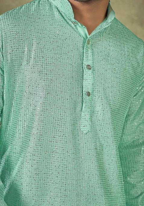 Green Sequence Embroidered Viscose Kurta For Men