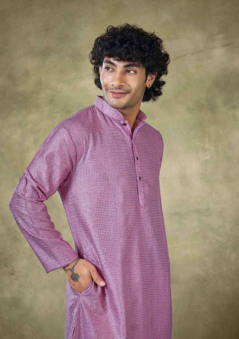 Pink Sequence Embroidered Viscose Kurta For Men - Indya