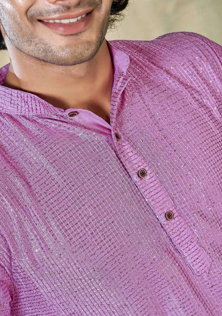 Pink Sequence Embroidered Viscose Kurta For Men - Indya