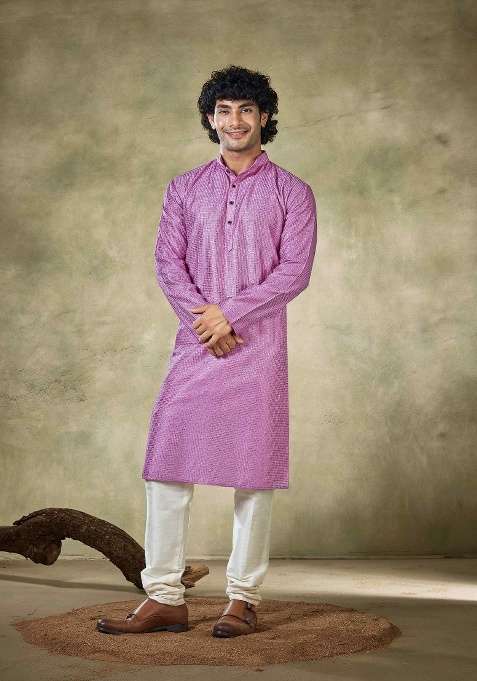 Pink Sequence Embroidered Viscose Kurta For Men