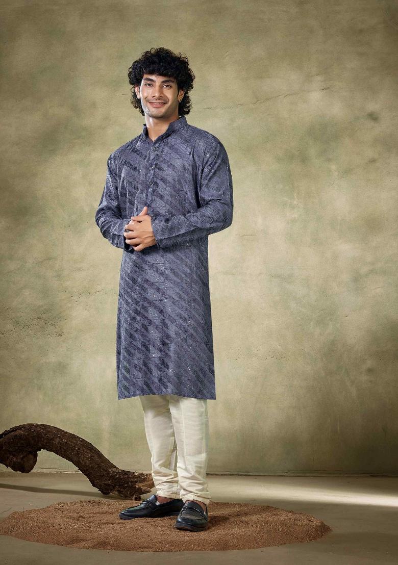 Royal Blue Sequence Embroidered Viscose Kurta For Men
