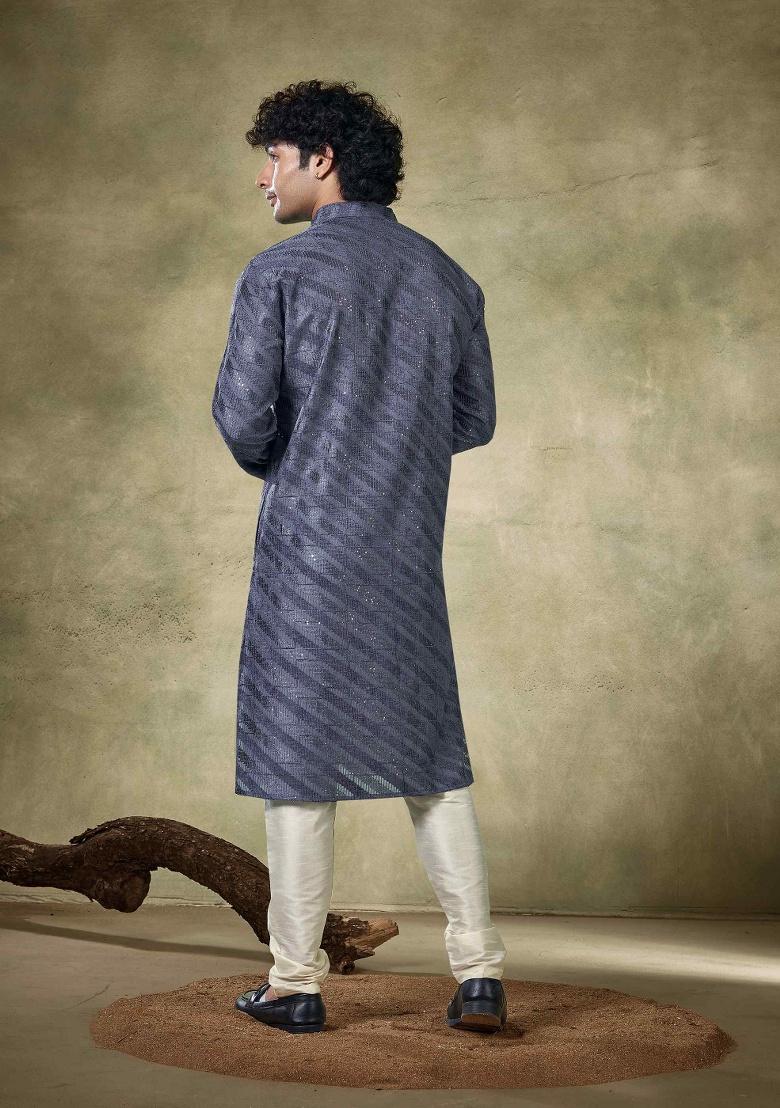 Royal Blue Sequence Embroidered Viscose Kurta For Men