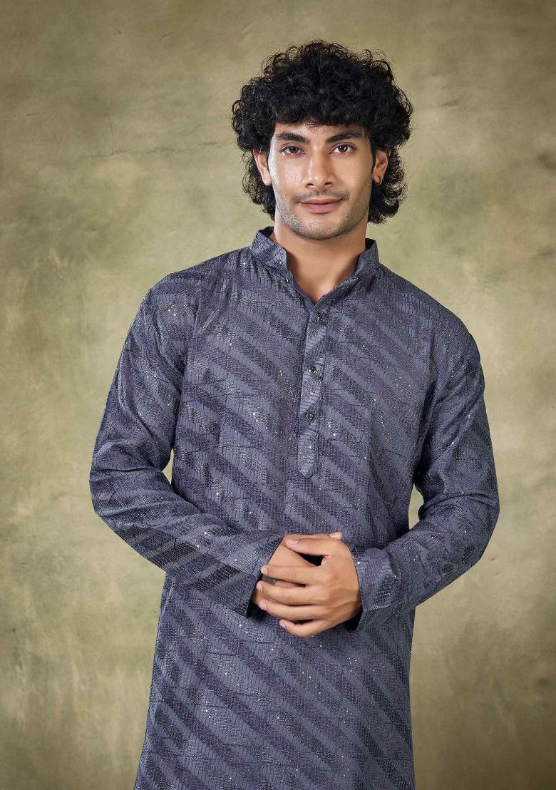 Royal Blue Sequence Embroidered Viscose Kurta For Men