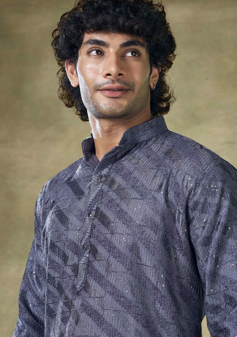 Royal Blue Sequence Embroidered Viscose Kurta For Men