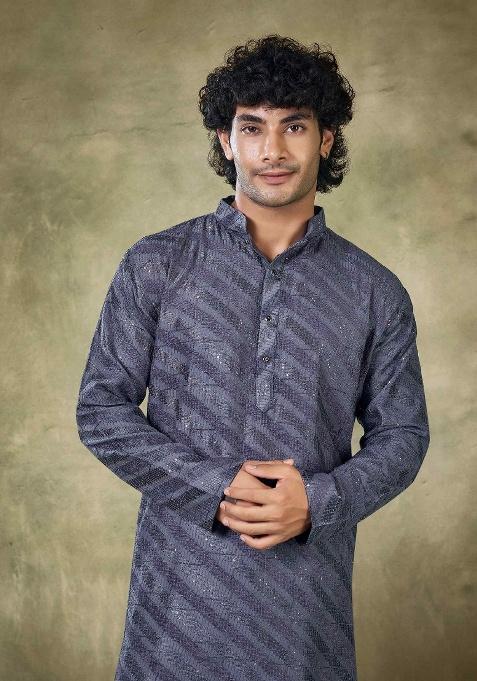 Royal Blue Sequence Embroidered Viscose Kurta For Men
