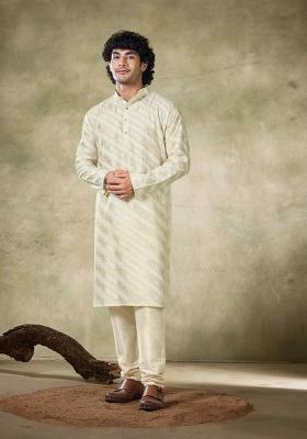 White Sequence Embroidered Viscose Kurta For Men
