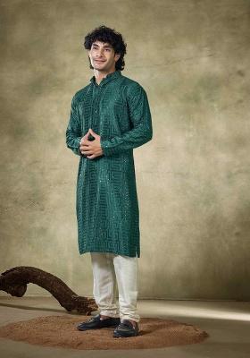 Green Sequence Embroidered Viscose Kurta For Men