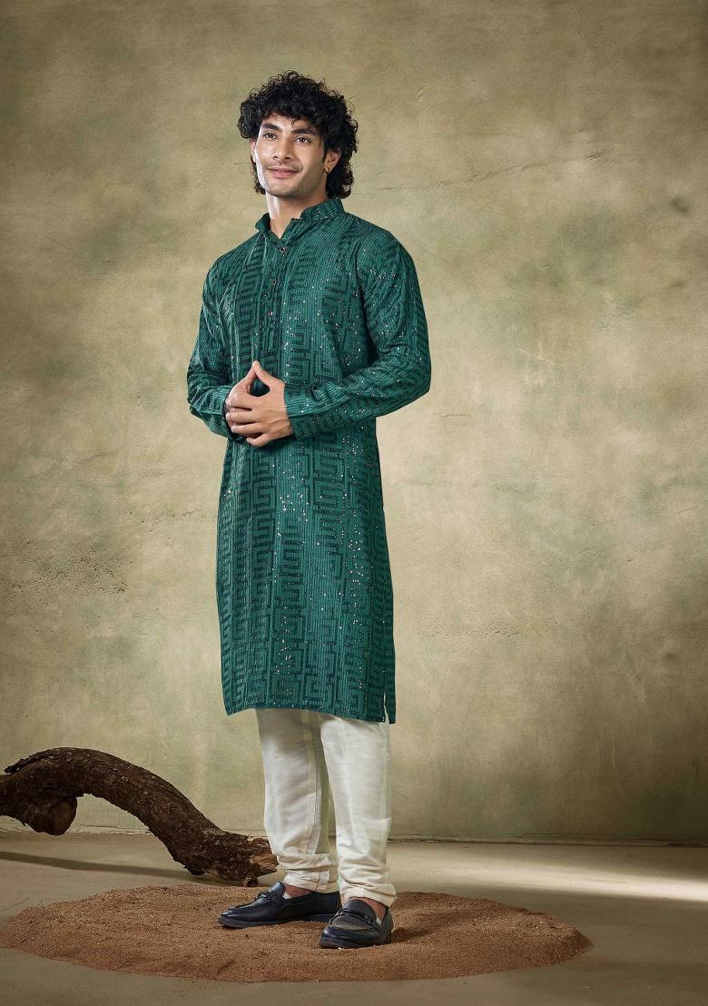 Green Sequence Embroidered Viscose Kurta For Men