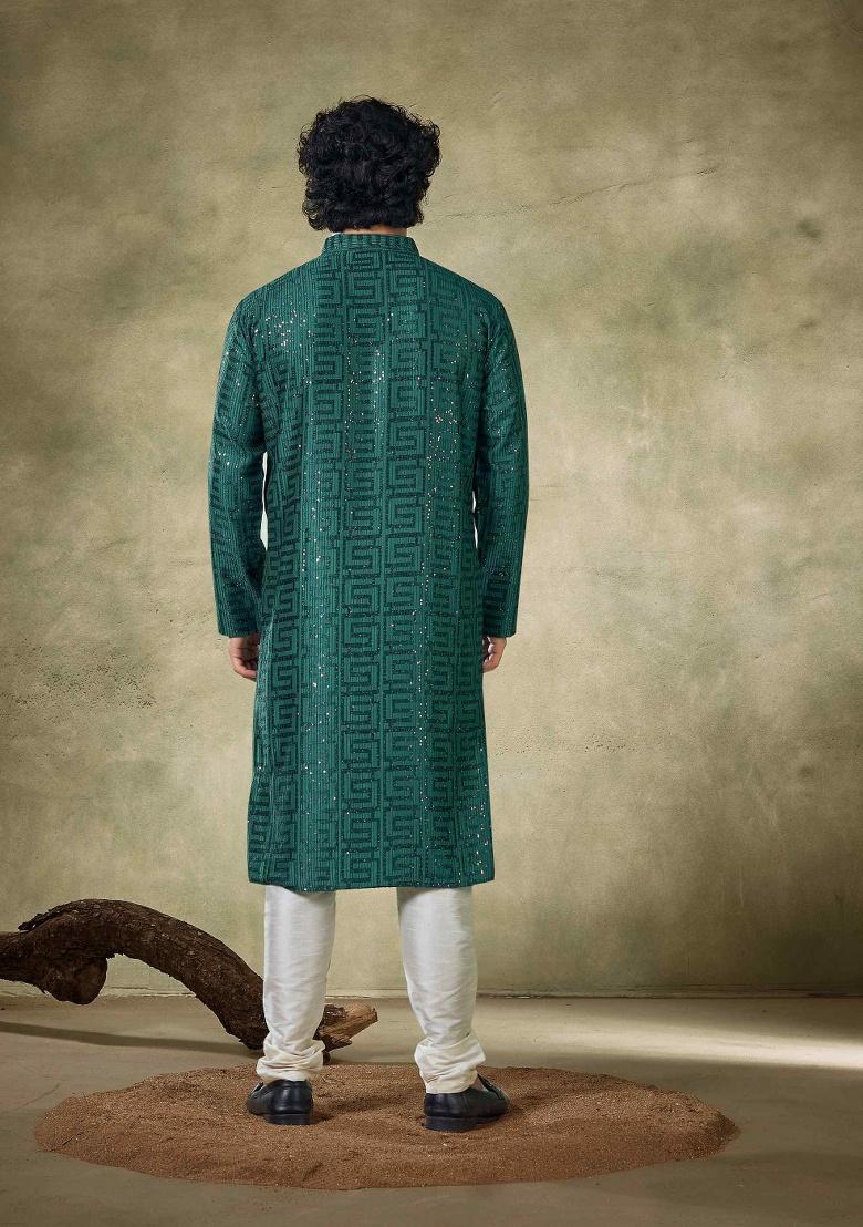 Green Sequence Embroidered Viscose Kurta For Men