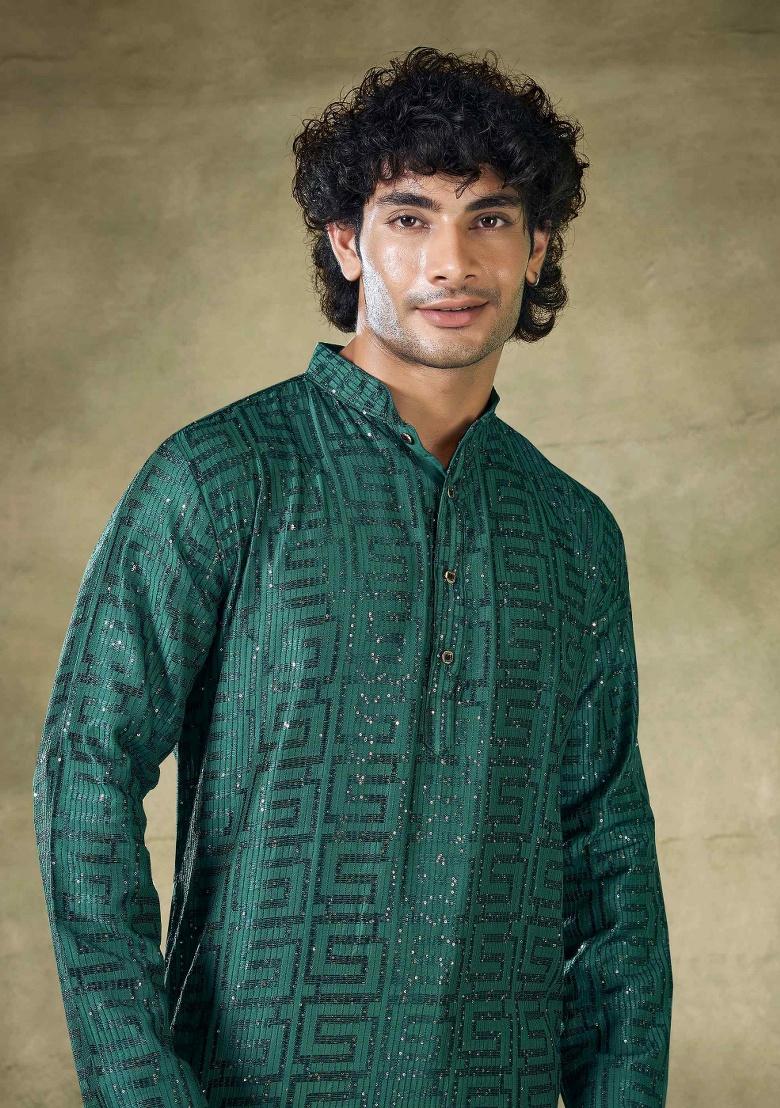 Green Sequence Embroidered Viscose Kurta For Men