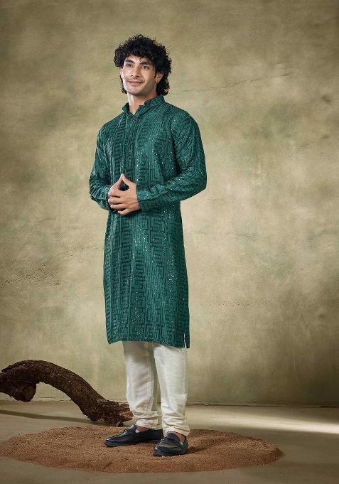 Green Sequence Embroidered Viscose Kurta For Men