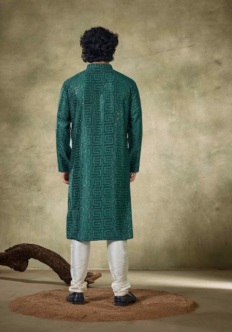 Green Sequence Embroidered Viscose Kurta For Men