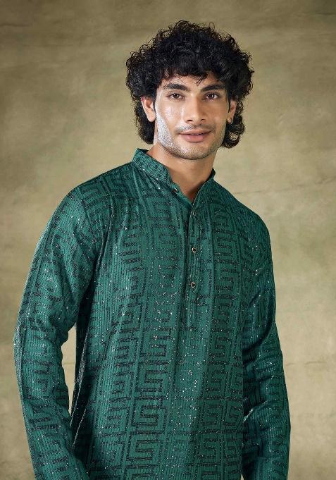 Green Sequence Embroidered Viscose Kurta For Men