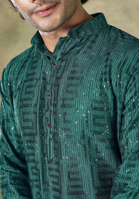 Green Sequence Embroidered Viscose Kurta For Men