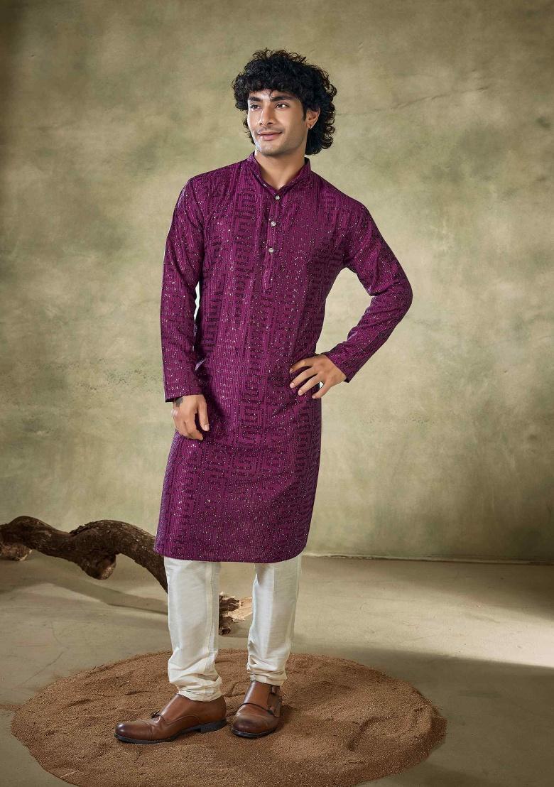Wine Sequence Embroidered Viscose Kurta For Men