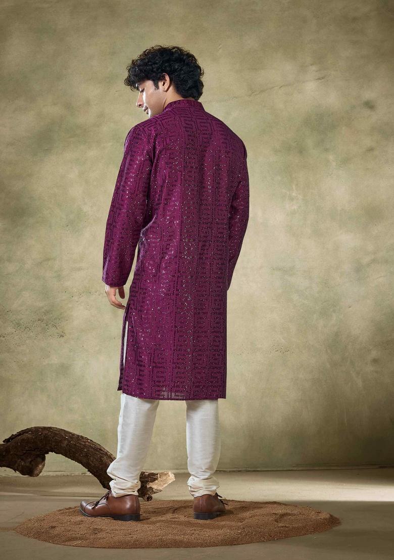 Wine Sequence Embroidered Viscose Kurta For Men