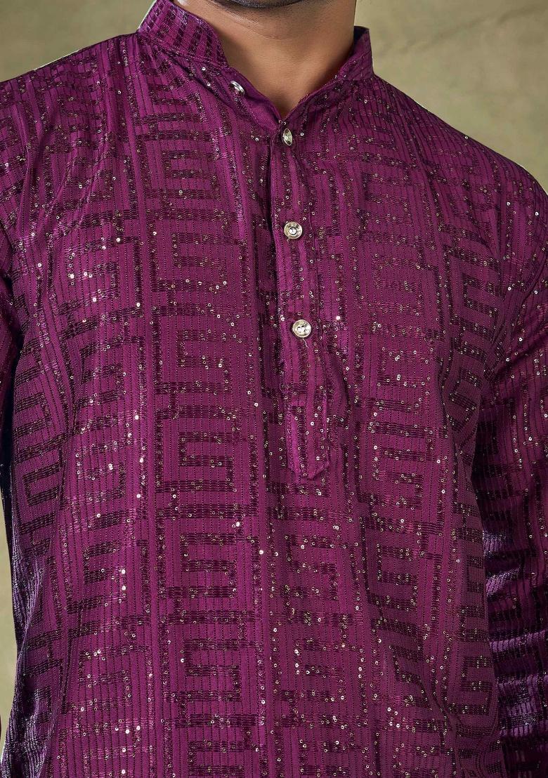 Wine Sequence Embroidered Viscose Kurta For Men